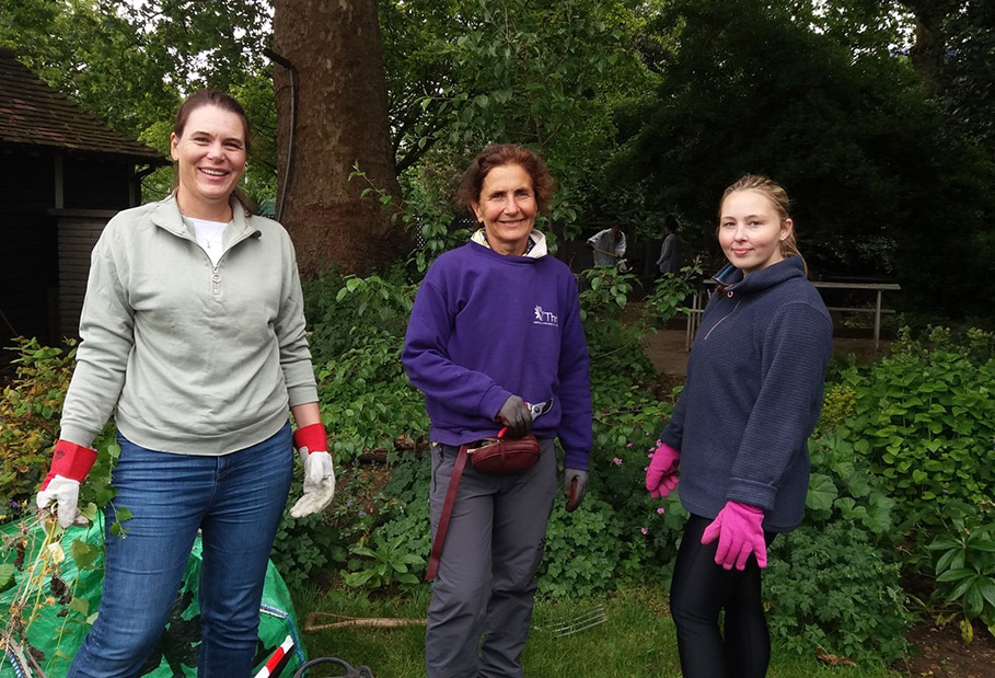 Volunteers gardening in Battersea garden.