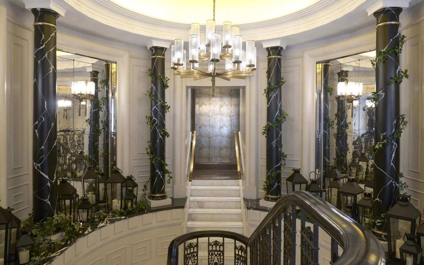 A grand staircase surrounded by lanterns