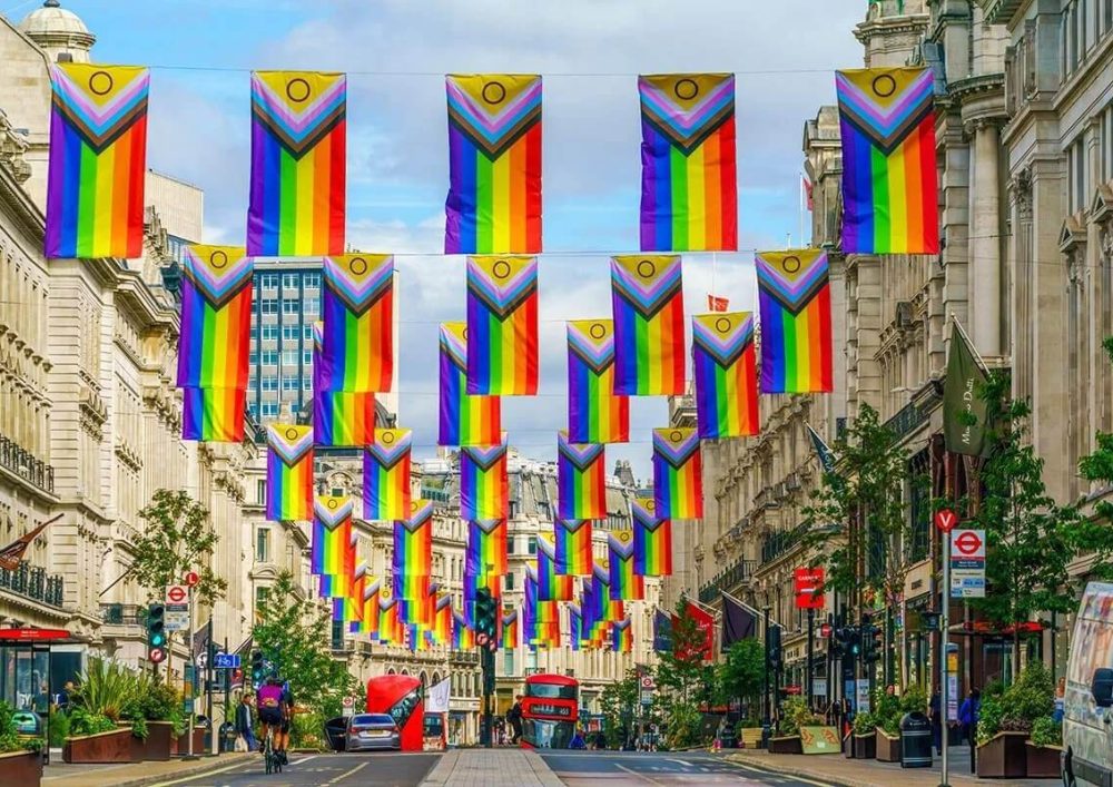 Pride flags display in London.