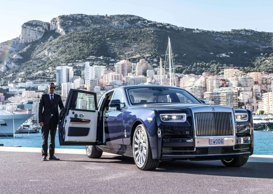 Rolls Royce in front of the Monte Carlo skyline