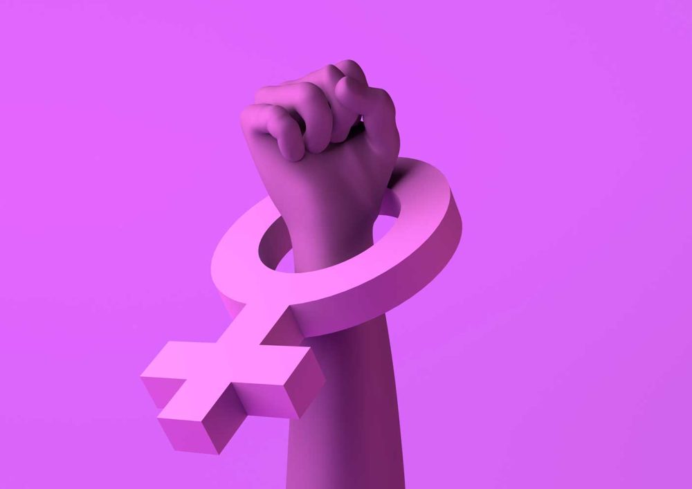 A purple fist pointing up with a female symbol around the wrist.