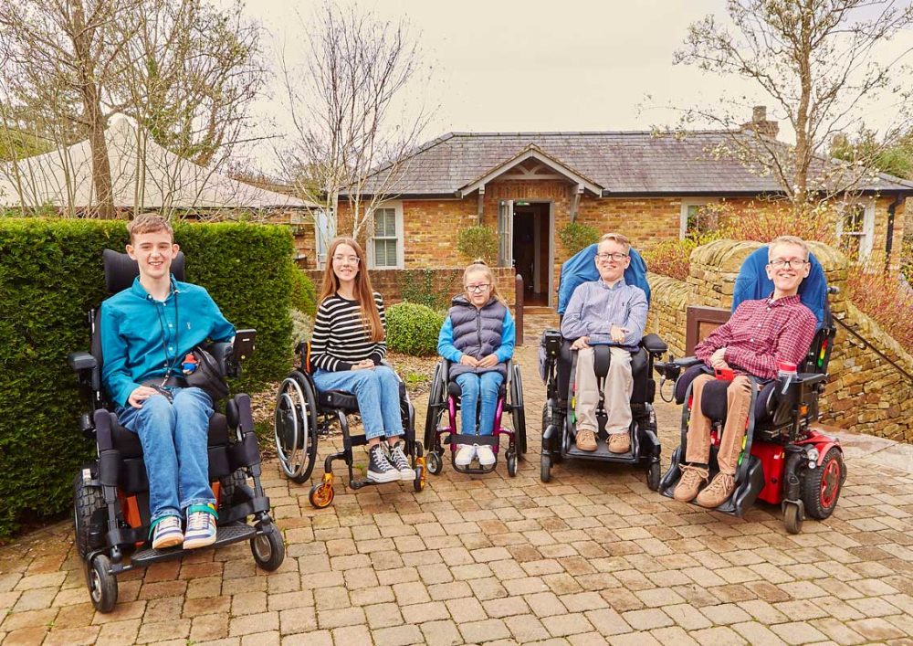 From left to right: CHIPS wheelchair recipients Luke Gaunt, Lilyan Alexander, Sienna Lister and twins Alex and Sam Bolton